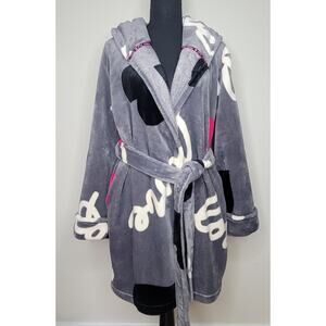 BETSEY JOHNSON Pop Art Love Plush Cozy Hooded Tie Robe w/Pockets Women's sz M/L